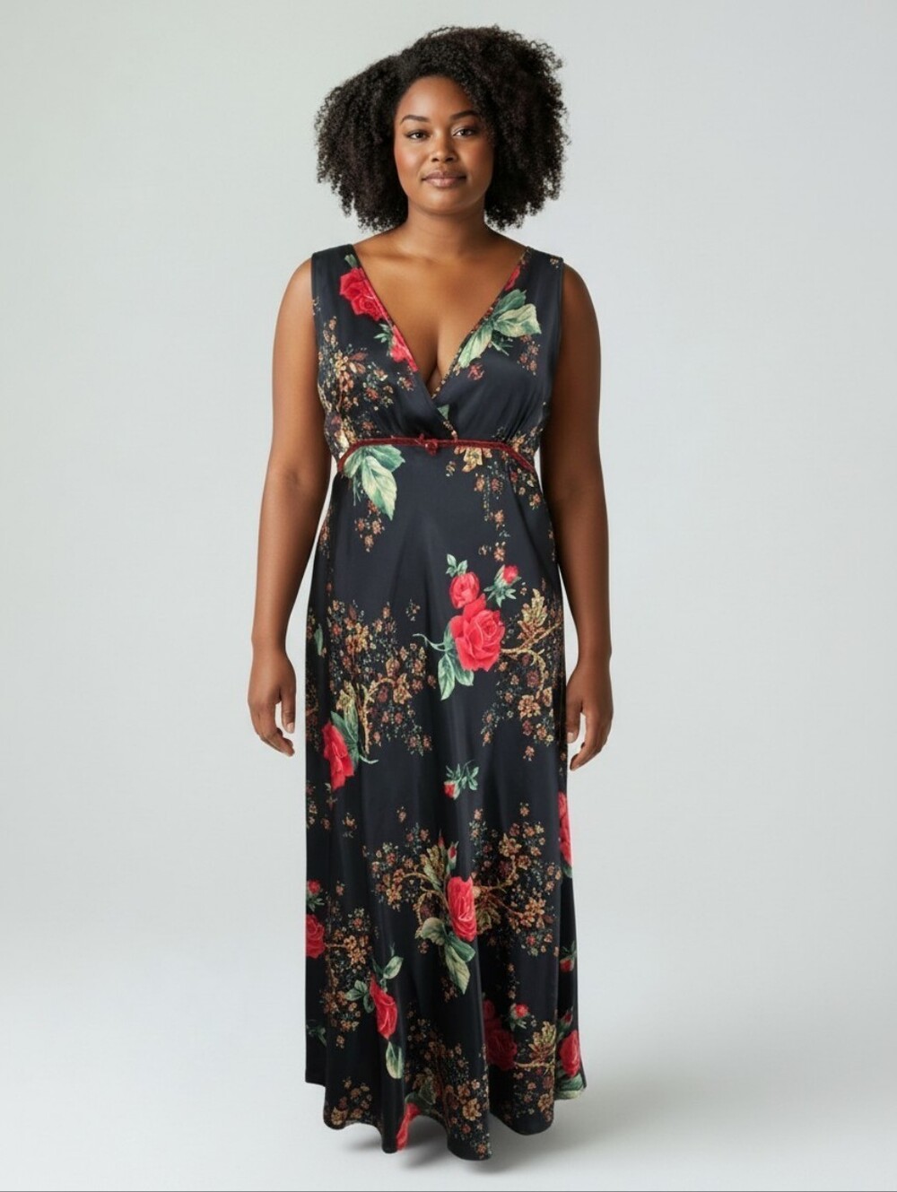 Vintage Y2K Satin Maxi Slip Dress Velvet Trim Black with Red Floral